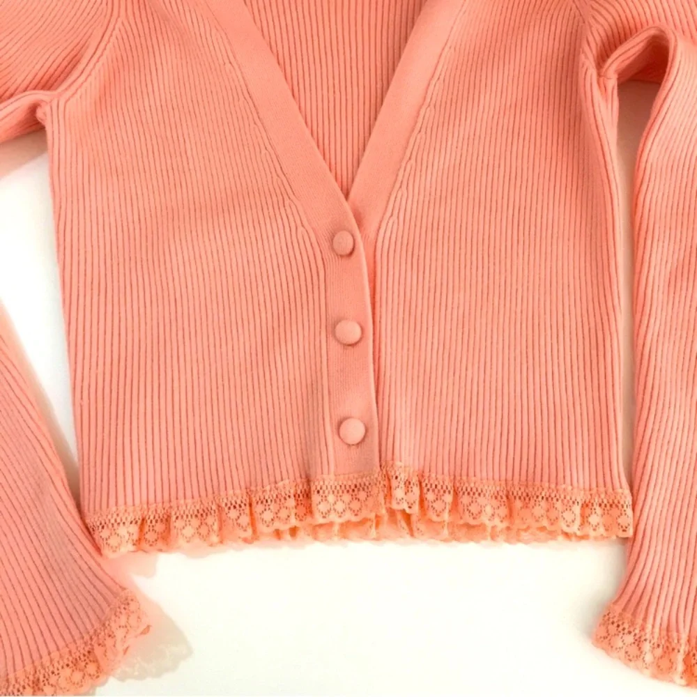 For Love and Lemons Nina Coral Ribbed Lace Edge Crop Button Cardigan Medium - Picture 4 of 13